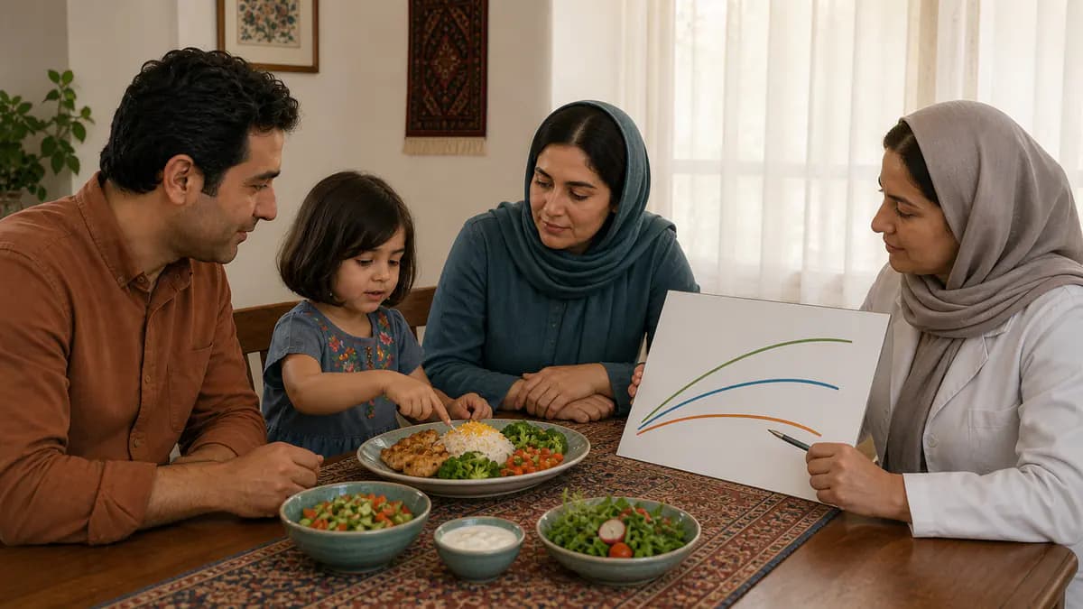 کودک و والدین همراه متخصص تغذیه یک وعده متعادل و روند رشد بدون عدد خوانا را بررسی می‌کنند