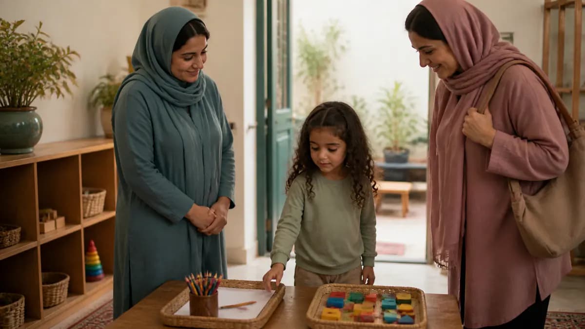 کودک همراه والد و مربی در ورودی مهد یکی از فعالیت‌های آرام کلاس را برای شروع انتخاب می‌کند