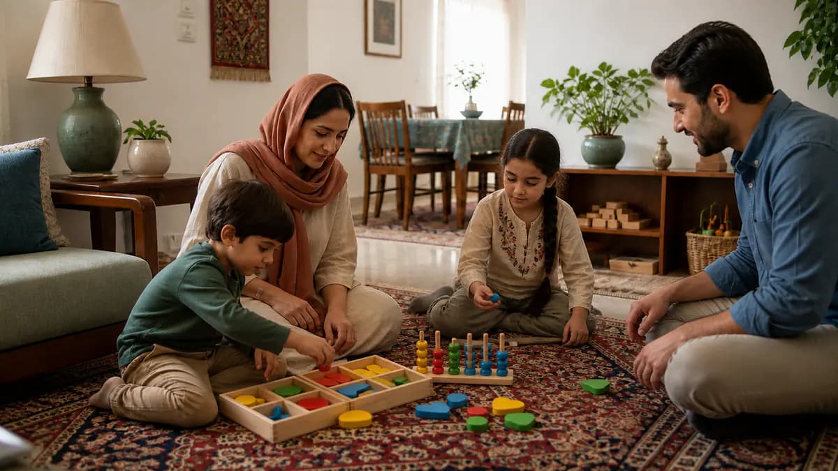 کودک پیش‌دبستانی همراه مادر شکل‌ها و مهره‌های رنگی ساده را در یک بازی شمارش و دسته‌بندی مرتب می‌کند