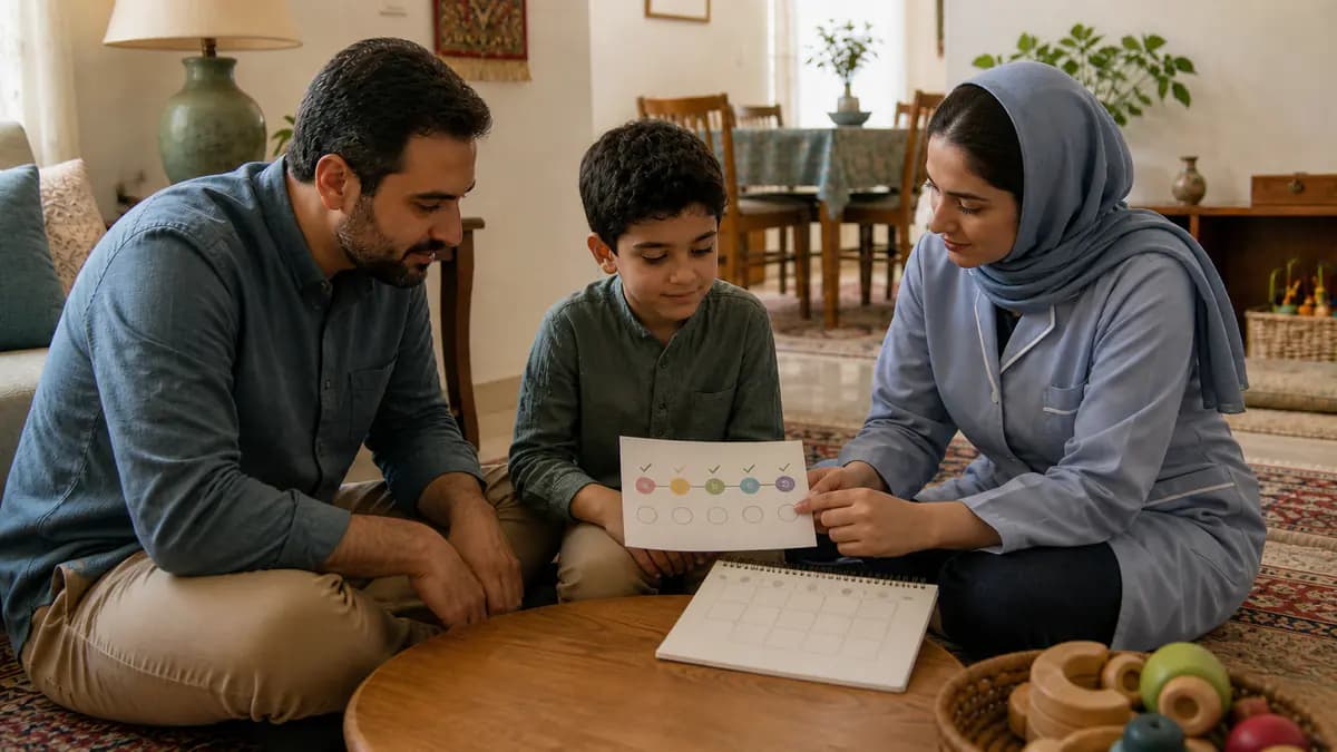 پرستار کودک همراه والد و کودک کارت واکسیناسیون بدون نوشته خوانا و زمان مراجعه بعدی را مرور می‌کند
