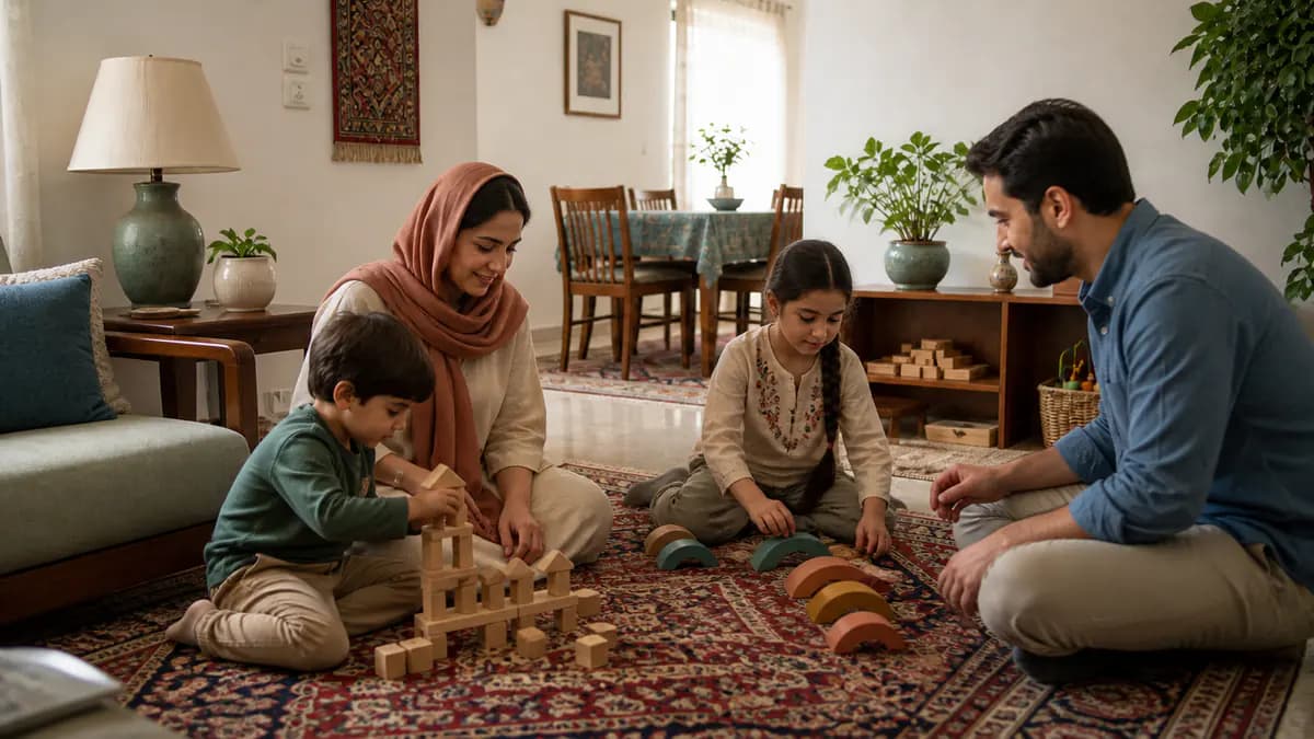 دو خواهر و برادر در سن‌های متفاوت با مراقب روی فرش به بازی حرکتی و ساختنی متناسب با سن مشغول‌اند