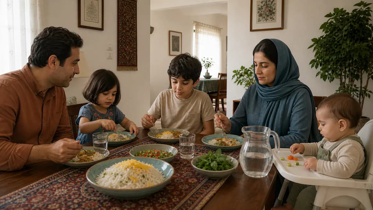 اعضای خانواده با سن‌های متفاوت کنار غذاهای ایرانی متناسب با سن و پارچ آب غذا می‌خورند