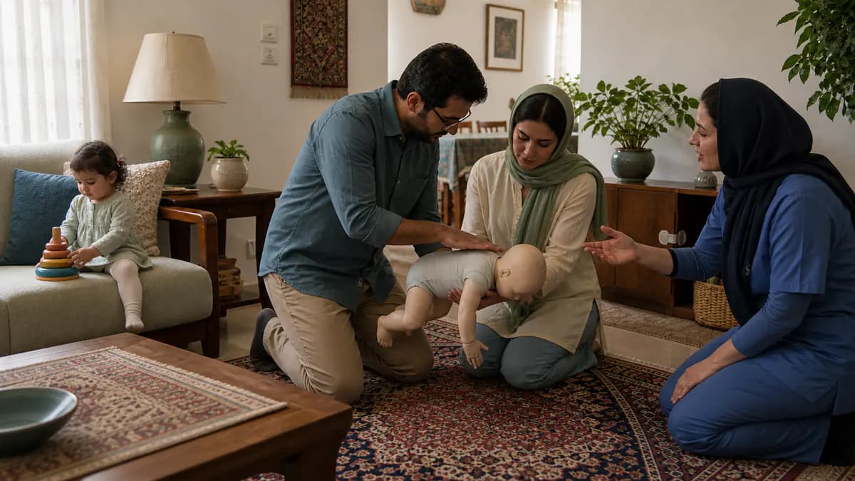 والدین زیر نظر پرستار روی مانکن آموزشی کودک واکنش به خفگی را تمرین می‌کنند و کودک واقعی درگیر تمرین نیست