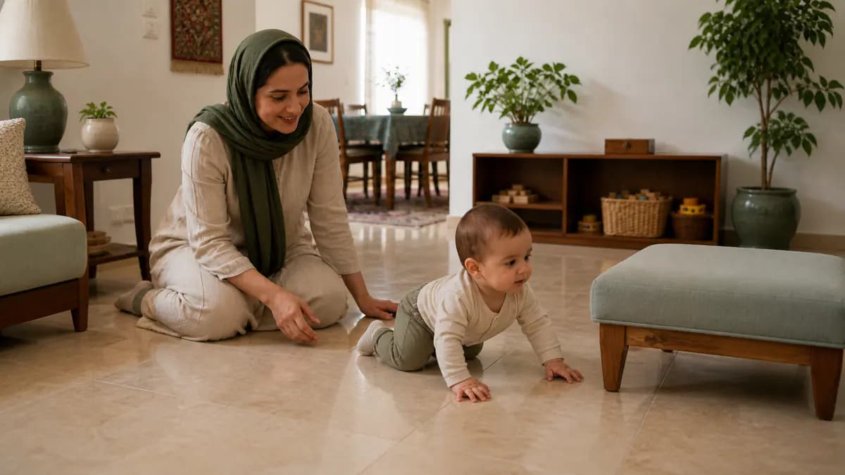 کودک روی کف خلوت خانه چهار دست‌وپا می‌رود و مراقب نزدیک وسیله ثابت و ایمن همراه اوست