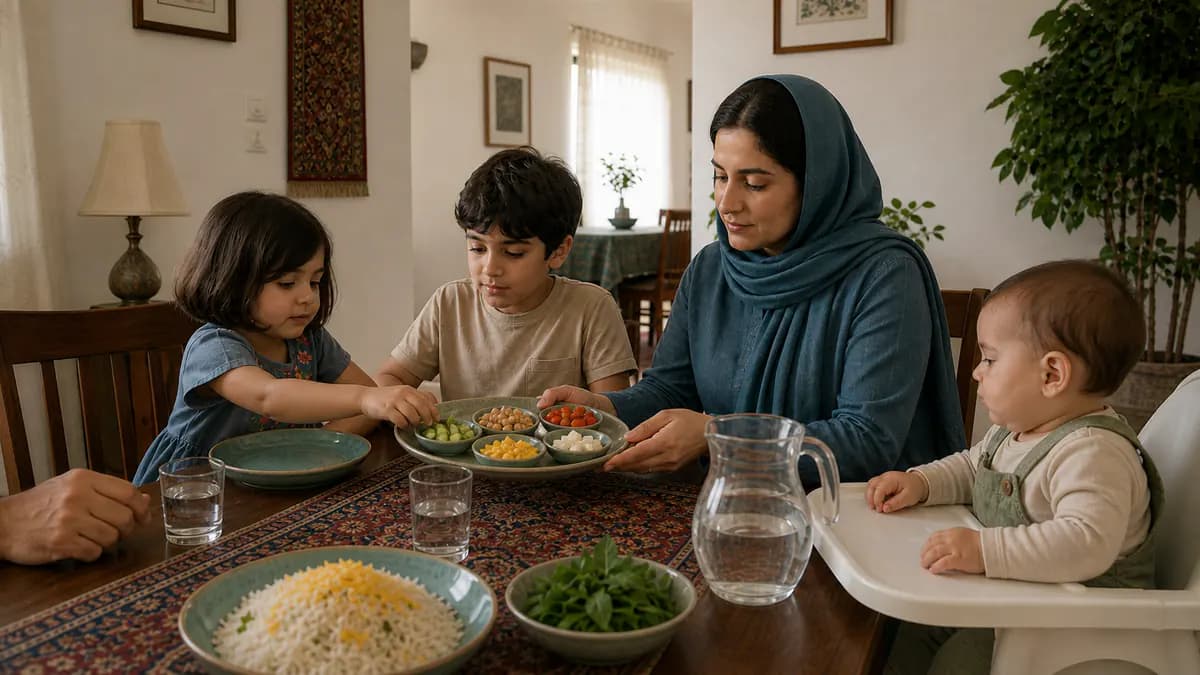 مراقب چند سهم کوچک و رنگی غذا را بدون اجبار ارائه می‌کند و کودک یکی را انتخاب می‌کند