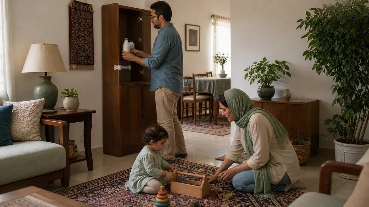 والد مواد شوینده و داروهای بدون نشان را در کابینت بلند و قفل‌شده می‌گذارد و کودک در فضای امن بازی می‌کند