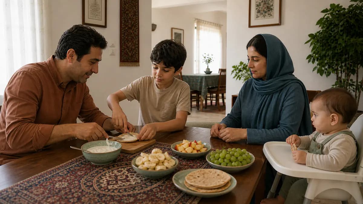 کودک دبستانی همراه والد میوه، ماست و نان ساده را برای میان‌وعده آماده می‌کند