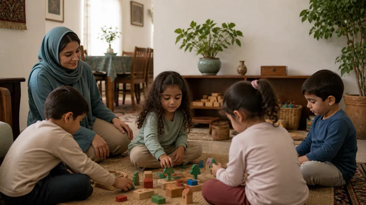 کودک در گروه کوچک همسالان بازی می‌کند و مربی بدون اجبار از مشارکت تدریجی او حمایت می‌کند