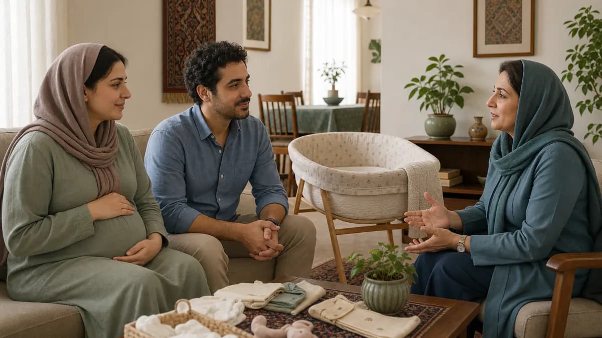 زوج در انتظار فرزند در خانه با مادریار حرفه‌ای درباره حمایت روزهای نخست و وسایل نوزاد گفت‌وگو می‌کنند