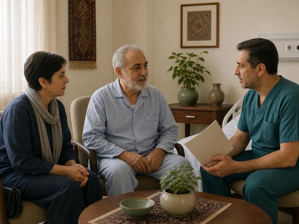 بیمار، همراه و پرستار بخش در اتاق روشن بیمارستان درباره هماهنگی مراقبت گفت‌وگو می‌کنند