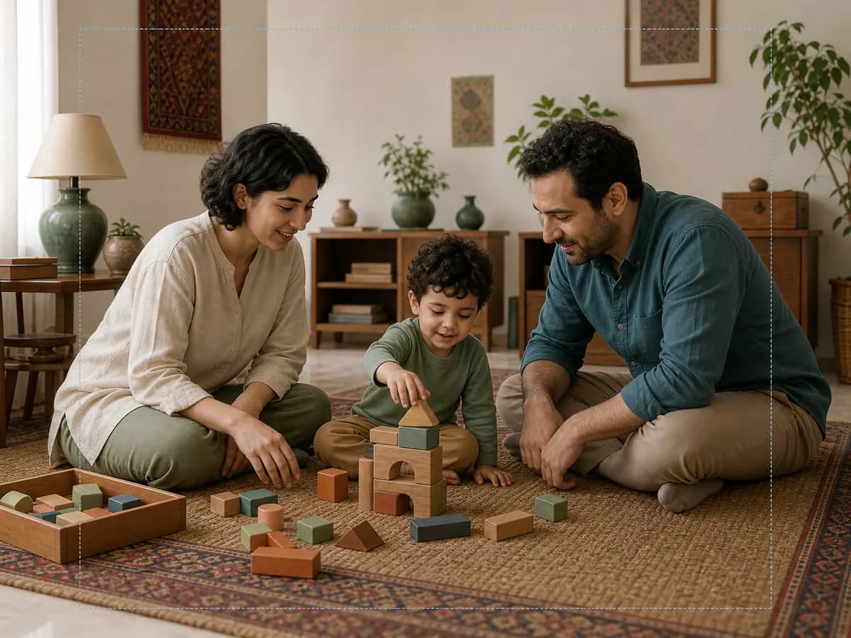 مراقب و کودک خردسال با مشارکت والد در یک بازی آرام و ایمن خانگی