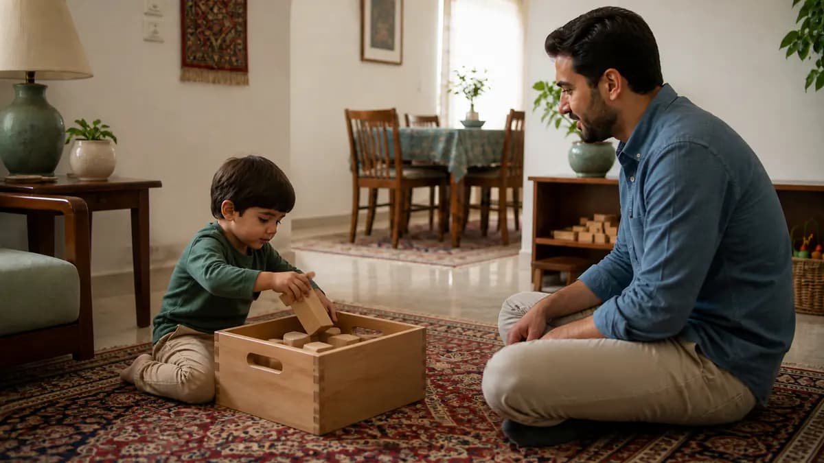 کودک نوپا با تمرکز قطعات چوبی بزرگ را از جعبه بیرون میآورد و دوباره داخل آن میگذارد و مراقب مشاهده میکند