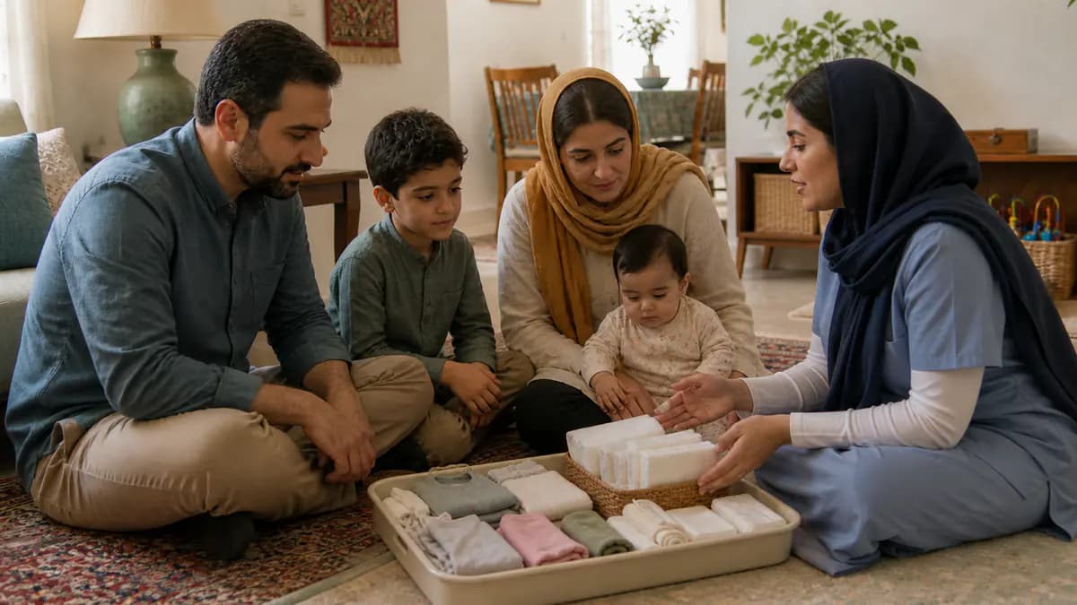 پرستار وسایل نرم و پانسمانهای بدون چسب را برای خانواده و کودک کاملاً پوشیده توضیح میدهد