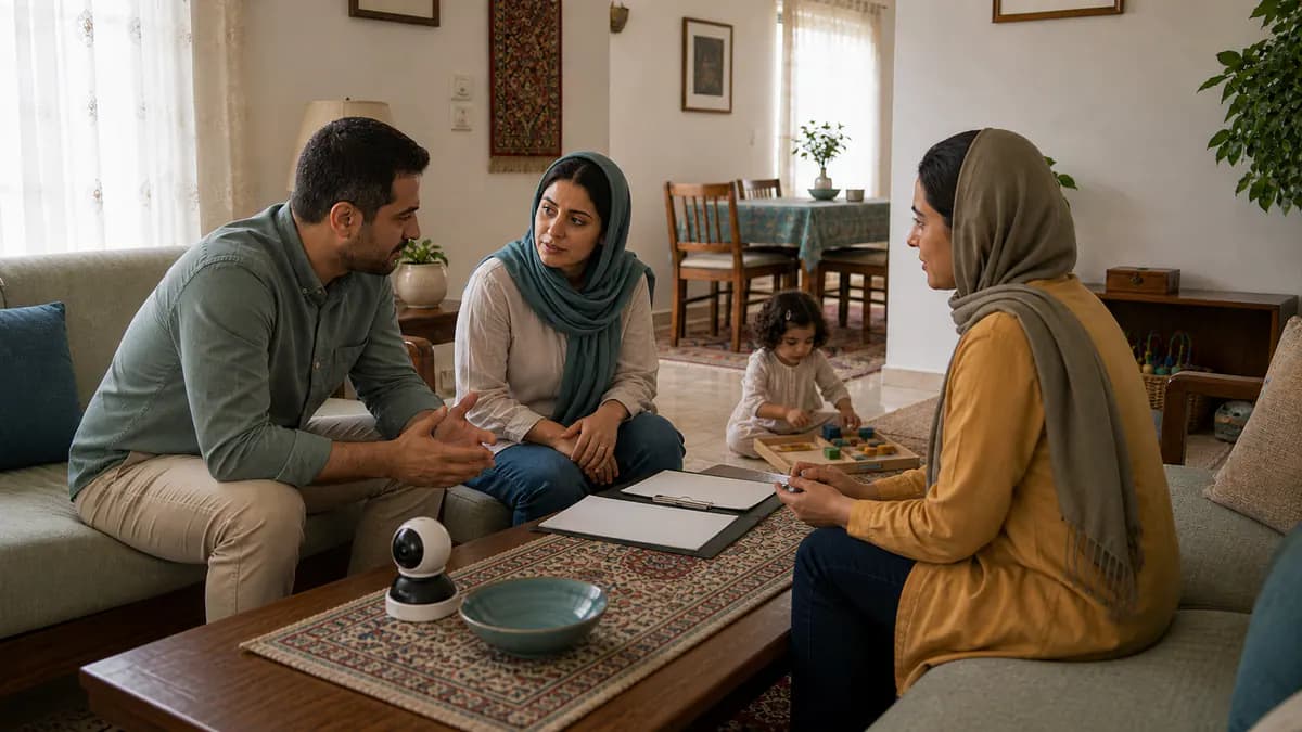 والدین و مراقب کنار دوربین آشکار اتاق نشیمن درباره اطلاعرسانی، حریم خصوصی و قرارداد گفتوگو میکنند
