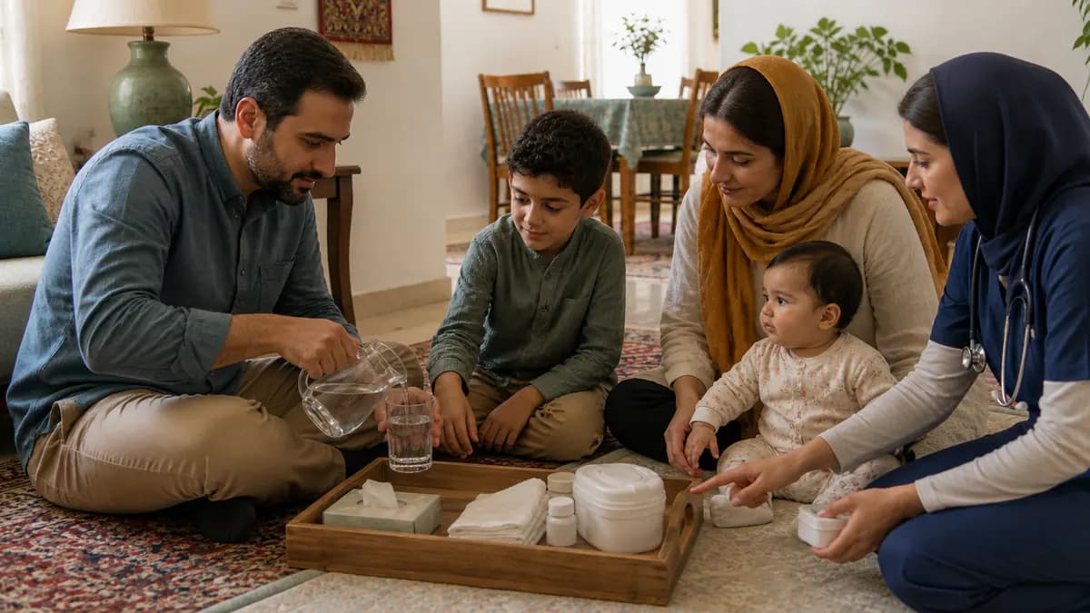 والد در حضور پرستار آب و وسایل مراقبتی بدون نشان را برای پیشگیری از کمآبی کودک آماده میکند