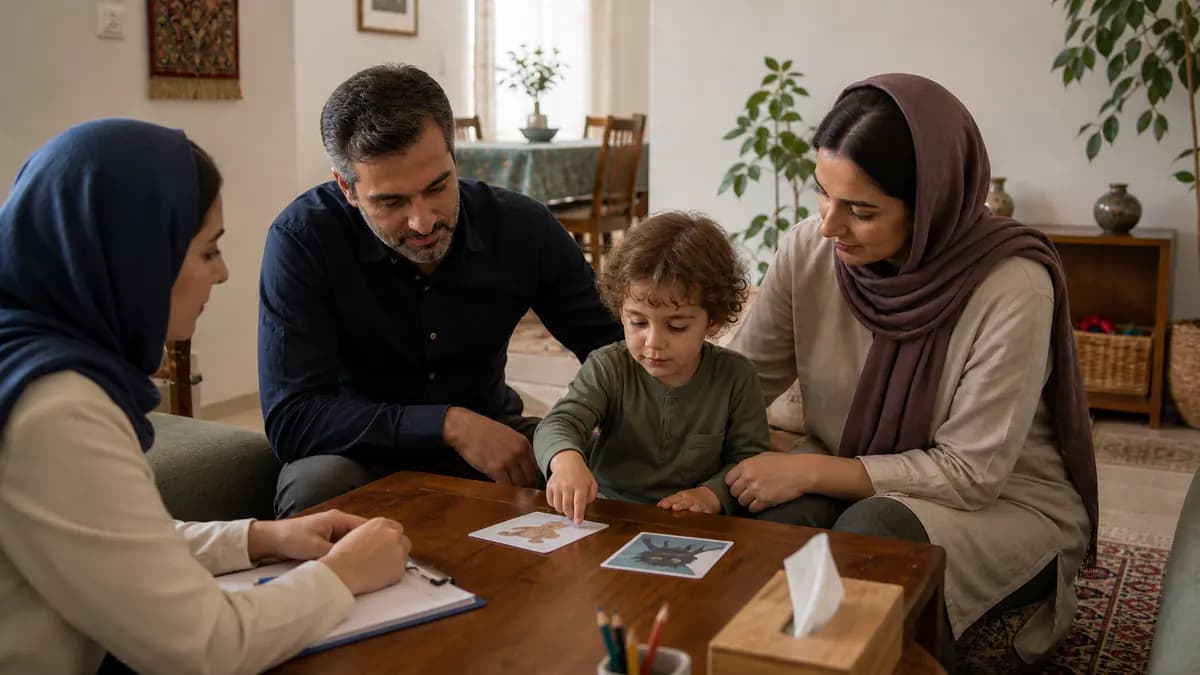 کودک در حضور والد و روانشناس یک موقعیت ترسآور ملایم را با کارت تصویری و انتخاب خودش تمرین میکند