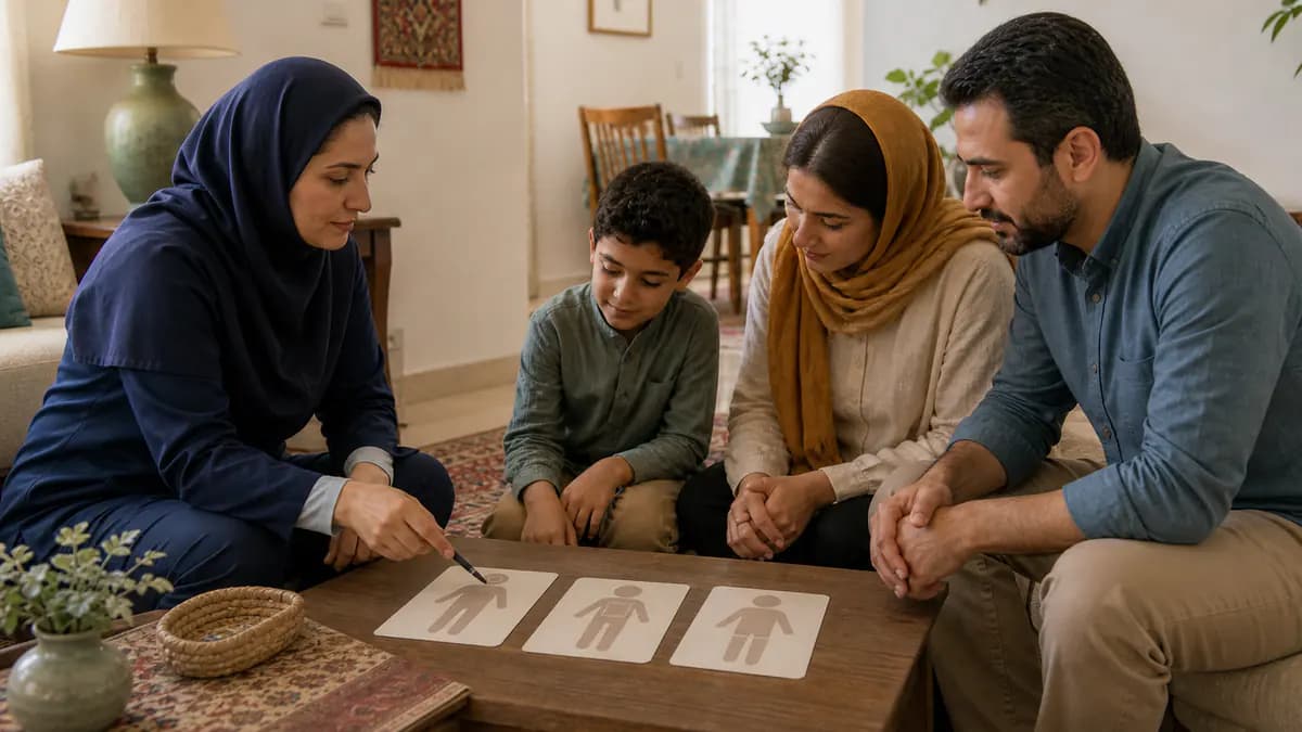 والد و کودک کاملاً پوشیده در جلسهای آرام علائم پوستی و زمان مراجعه را با متخصص کودکان مرور میکنند