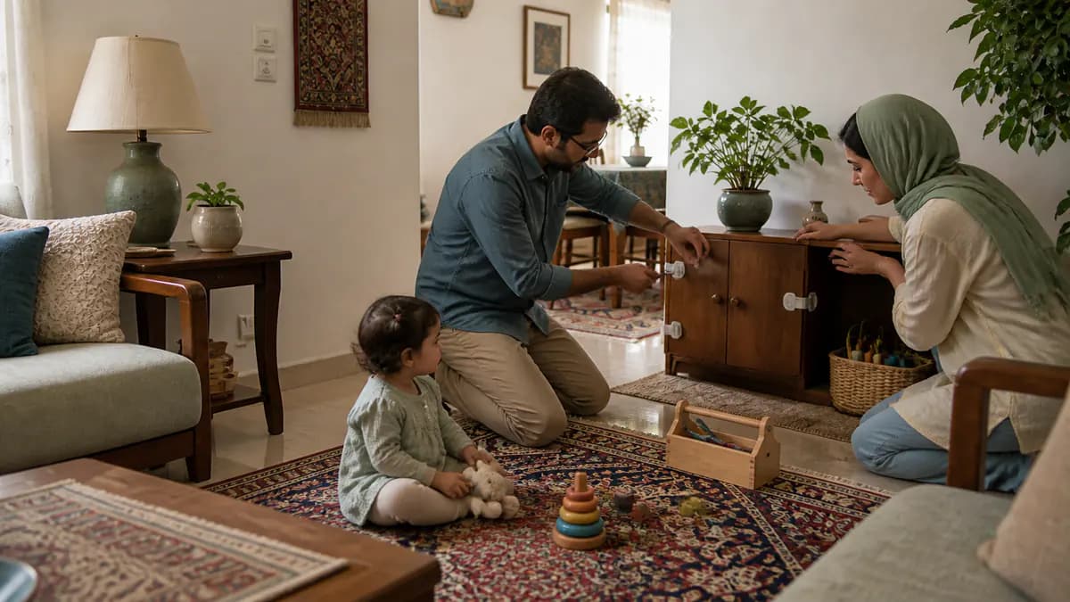 والدین با حضور کودک قفل کابینت و مهار ساده وسایل خانه را نصب و مسیر بازی را ایمن میکنند