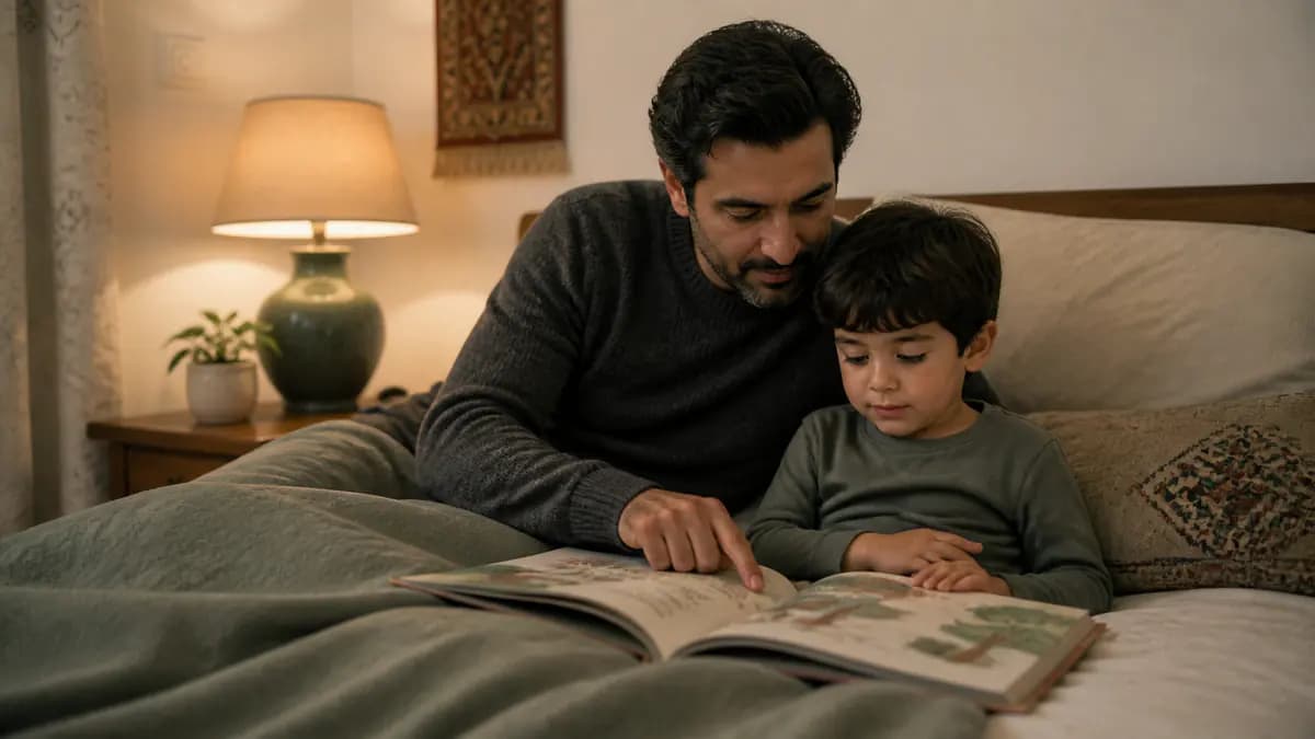 کودک همراه والد یک روتین آرام کتابخوانی و آمادهشدن برای خواب را انجام میدهد