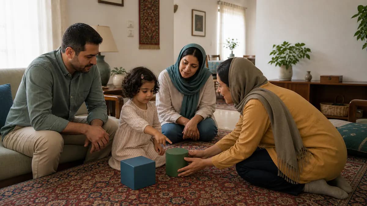 مراقب همسطح کودک به اشاره و انتخاب او پاسخ میدهد و والد ارتباط گرم آنها را مشاهده میکند