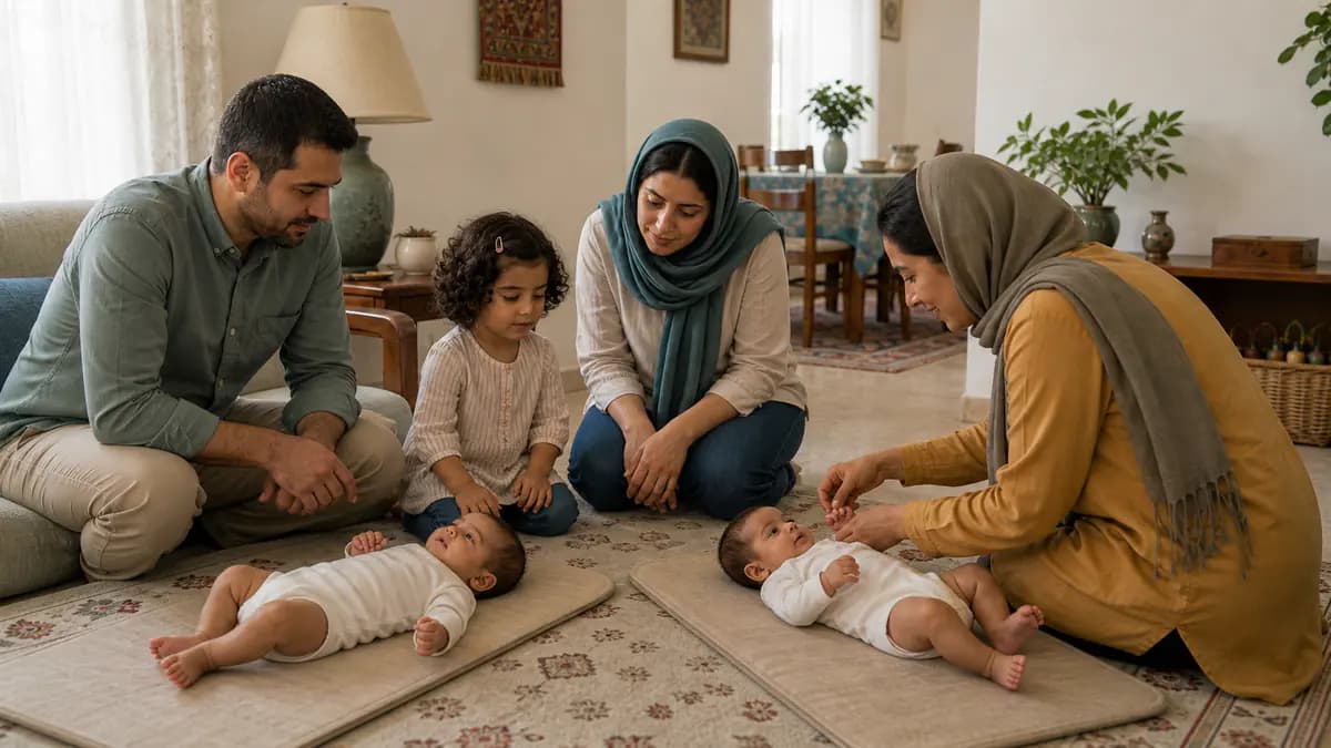 پرستار همراه والد از دو نوزاد دوقلوی بیدار روی زیراندازهای ایمن و جداگانه مراقبت میکند