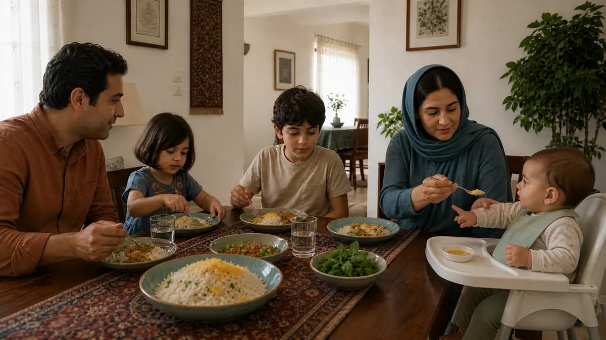 نوزاد حدود ششماهه بهصورت قائم در صندلی غذای ایمن نشسته و مراقب غذای نرم را بدون اجبار پیشنهاد میدهد