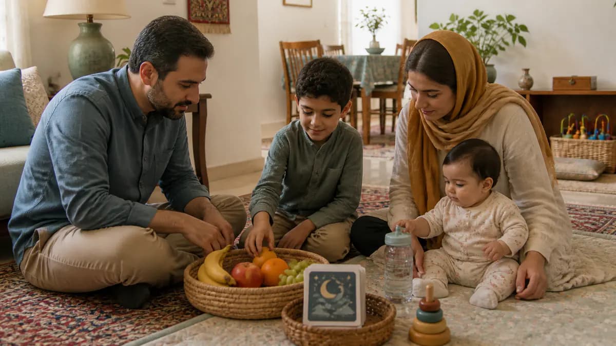 کودک همراه خانواده میوه، آب و برنامه خواب و بازی را برای یک روتین سالم روزانه آماده میکند