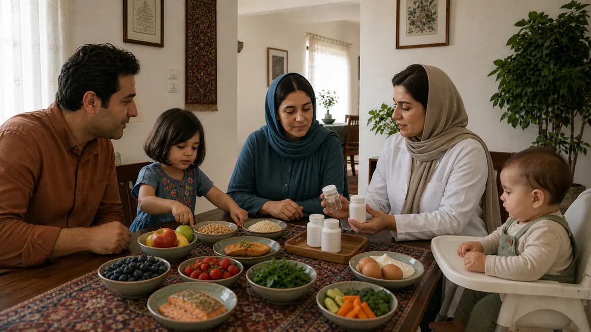 متخصص کودکان همراه خانواده مواد غذایی متنوع و مکملهای ساده بدون نشان را برای رشد کودک مرور میکند