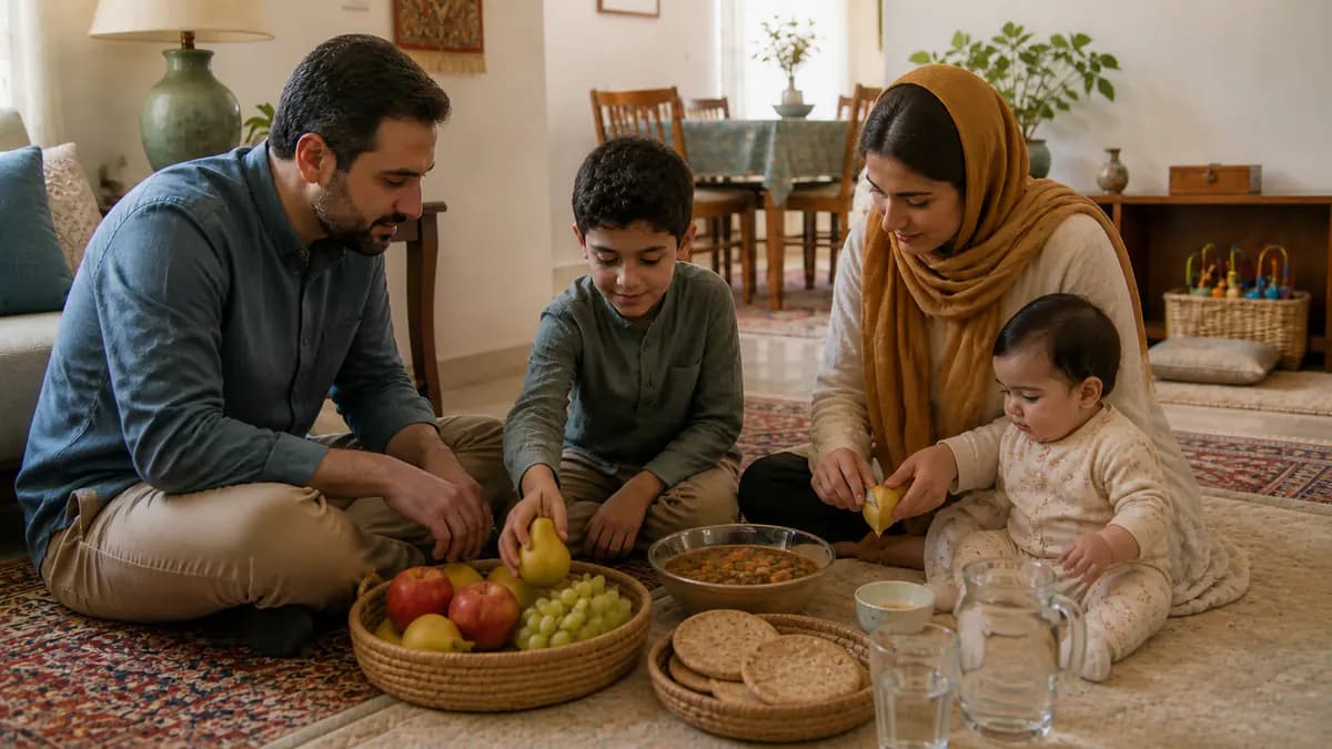 کودک و مراقب میوه تازه، غذای پرفیبر و آب را برای برنامه روزانه آماده میکنند