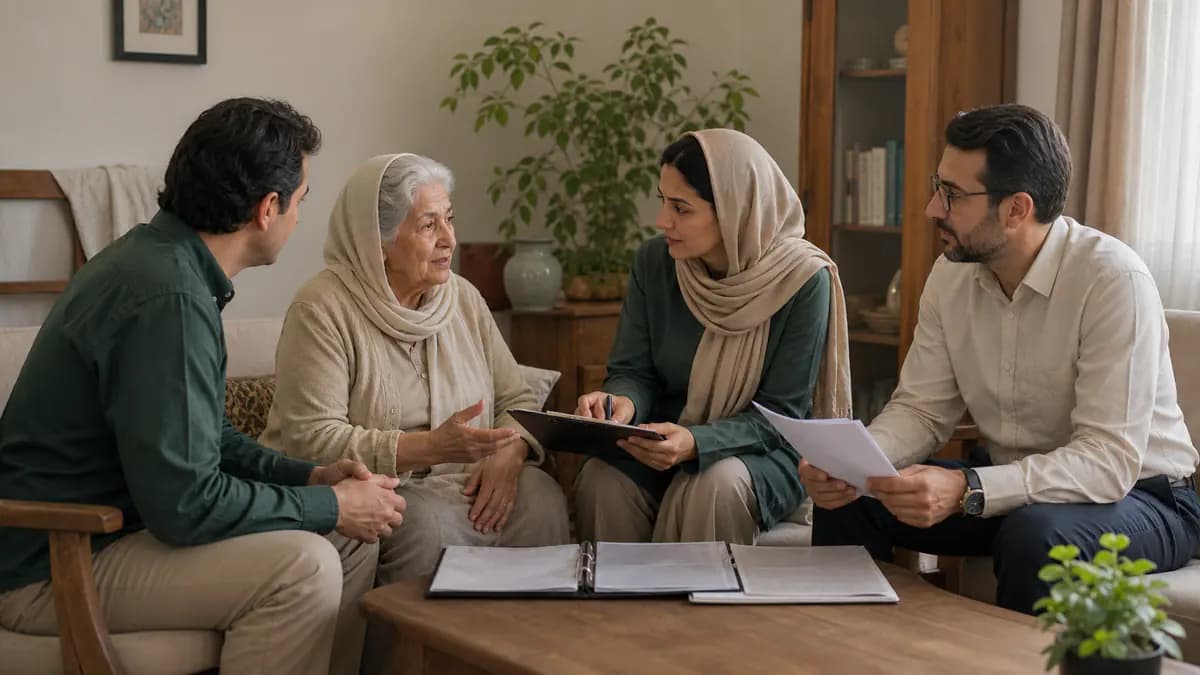 سالمند همراه فرزندش با یک مراقب زن و یک مراقب مرد درباره ترجیحات و حریم گفتوگو میکند