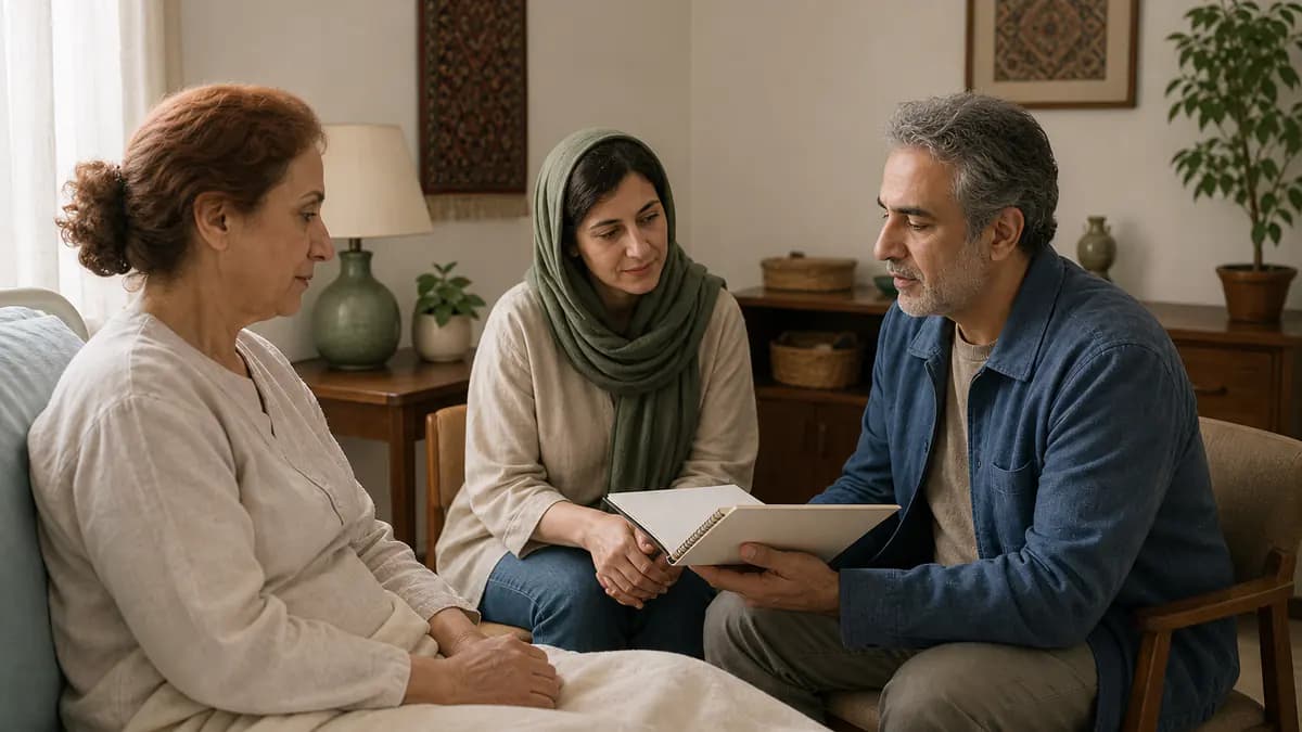 دو همراه در حضور بیمار تحویل ساختارمند شیفت را با دفتر بدون نوشته مرور میکنند