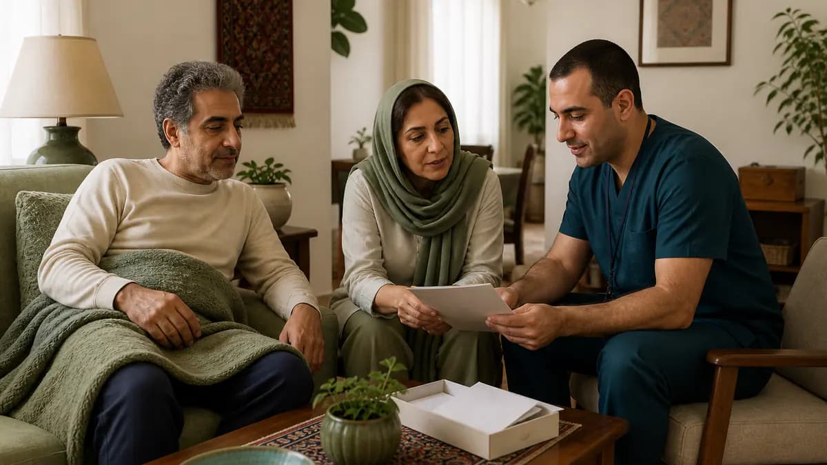 بیمار پس از عمل در وضعیت راحت استراحت میکند و خانواده همراه پرستار دستور ترخیص و تلفن تماس را مرور میکنند