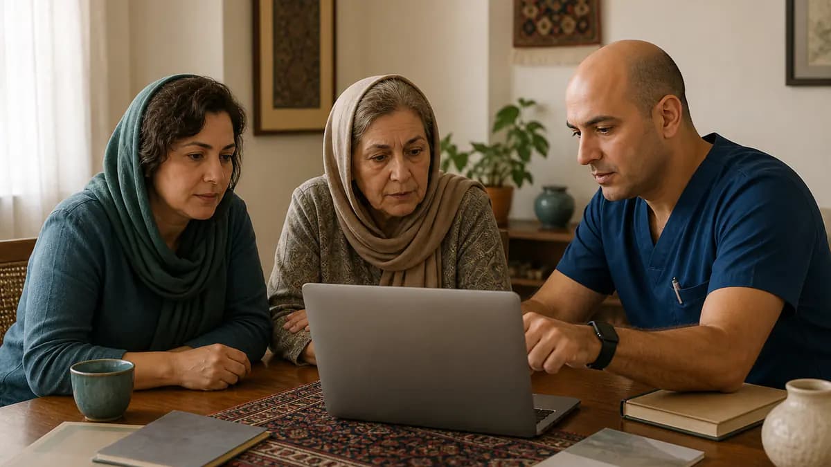 خانواده در حضور پرستار مدارک حرفهای را روی نمایشگر بدون نوشته خوانا از مسیر رسمی بررسی میکند