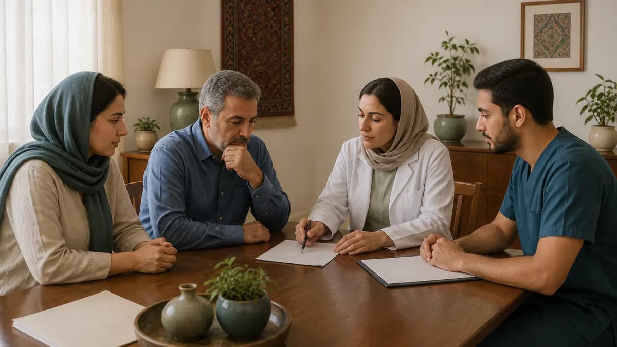 خانواده در بیمارستان همراه پزشک و پرستار شرایط انتقال، تجهیزات و پاسخ اضطراری منزل را پیش از تصمیم مرور میکند